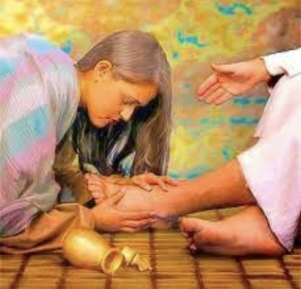 the alabaster jar and woman anointing Jesus' feet